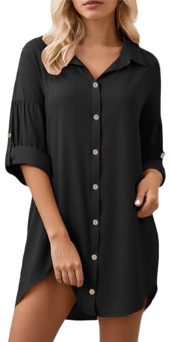 Sommerkleid Damen Knielang T-Shirt Kleid Lässiges Lockeres Blusenkleid Baumwolle Leinen Einfarbige Vintage Kleider Freizeitkleid Shirtkleid Rundhals Langes Shirt Kurzarm Tunika Kleid