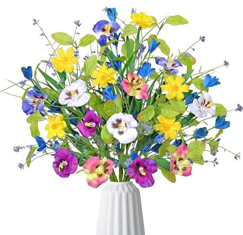 Weldomcor 3 Bundles Artificial Flowers Outdoor, UV Resistant Fake Silk Pansy Flowers No Fade Greenery Shrubs Plants for Home Vase Garden Porch Window Box Hanging Baskets Wedding Decorations, Blue