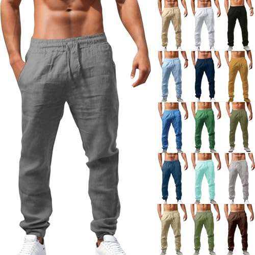 Generisch Leinenhose Herren Lang Leichte Sommerhose Herren Slim Fit Freizeithose Mit Taschen Kordelzug Casual Strandhosen Elastischer Bund Urlaub Strand Yoga Hosen Männer Hosen, S-5XL