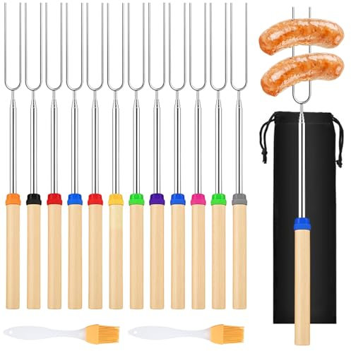 NINGYER 12 Pezzi Spiedini Telescopici, 31-81 cm Manico in Legno Spiedini per Marshmallow in Acciaio Inox con 1 Sacchetto di Tela Nero, Marshmallow Spiedini Barbecue per Campeggio, Falò, Picnicic