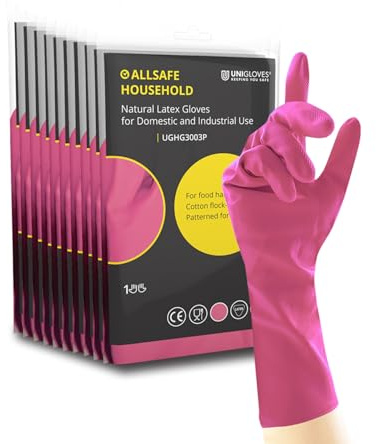 UNIGLOVES Allsafe Household Pink - Latex Reusable Household Gloves for Cleaning, Washing up and Food Processing - 12 Pairs - Size XL