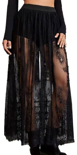 Auriselle Jupe Longue Semi-Transparente en Dentelle Femmes, Sexy 2 en 1, Maille Transparente, Taille élastique Haute, Ligne A, Jupe Maxi Tulle Short, Festival, Streetwear, Clubwear, Noir, XL