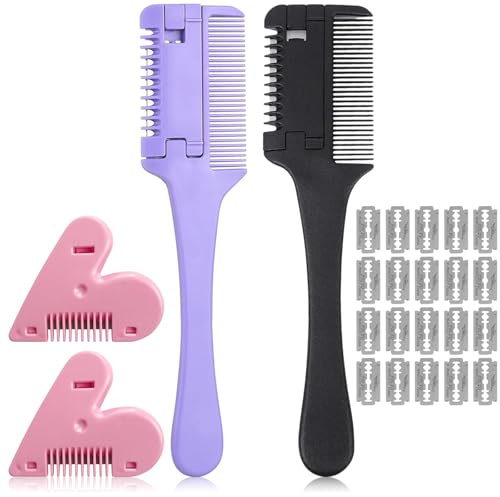 FAYAHAR 4 Pezzi Pettine Tagliacapelli, Pettine per Sfollamento Doppia Faccia con 20 Lame di Ricambio per Capelli, Rifinitore a Comb per Tagliare e Acconciare i Capelli Sottili (Nero, Viola)