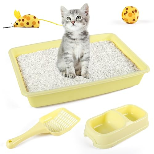 PAWISE Cat Litter Box Set, Small Kitten Starter Kit, Includes Litter Box, Litter Scoop, Double Dish Feeding Bowl, Cat Mouse Toy, Kitty Ball Toy, Yellow
