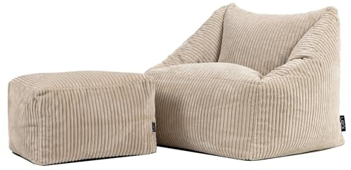 Icon Natalia Sitzsack Kinder mit Hocker, Beige, Flauschiger Cord Stoff, Sitzsack Cord mit Füllung, Bequemer Kinder Sessel, Kuschelsessel, Lese Sessel, Schlafzimmer, Kinderzimmer, Spielzimmer