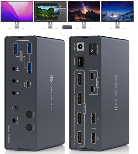 Docking KVM USB-C DisplayLink, KVM Switch HDMI 4K60Hz 2 PC 4 Monitor (Windows, Mac M1/M2/M3/M4), porta dati USB-C 10Gbps/porta Ethernet 1Gbps, audio/microfono con Controllo IR