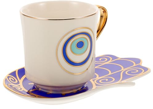 DIYEAH Tazzine da Caffè con Piattino Occhio Turco Blu Ceramica Resistente e Impilabile Tazza da Latte e Espresso per Ufficio e Casa Lavabile in Lavastoviglie