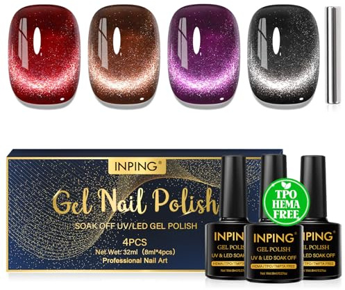 INPING Vernis Semi Permanent Magnétique Sans HEMA TPO-FREE, 4 Couleurs Rouge Violet Marron Noir Pailleté Cat Eye Gel Nail Polish avec Bâton Magnétique, Soak Off UV/LED Vernis à Ongles, 8 ML