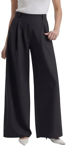 vittorio y Pantaloni Donna Eleganti Vita Alta con Elastico in Vita Gamba Larga Palazzo con Tasche Pantaloni Lunghi Casual (IT, Testo, Taglia Unica, Regular, Regular, S/M, Nero)