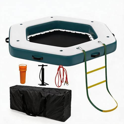 Plataforma de natación Inflable de 260 cm con Red de trampolín de 152 cm, Isla Flotante con Escalera y Bolsa de Transporte, Isla de Agua Resistente para el Lago, la Piscina y la Playa, Estable y