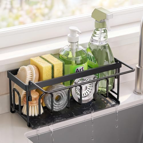 niffgaff Kitchen Sink Caddy, Stainless Steel Sponge Holder with Drain Tray | Rustproof Sink Organizer for Sponge, Soap & Brush, Space Saving Kitchen Sink Organizer