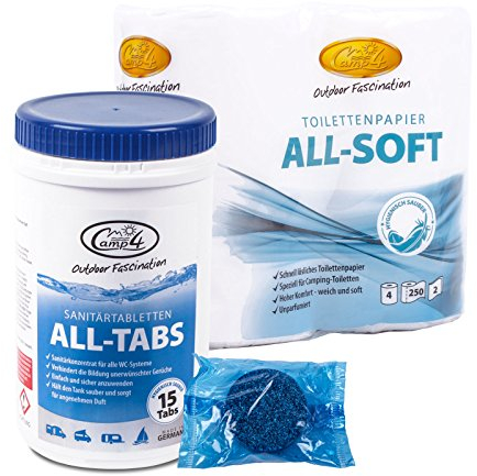 Camp4 All Tabs Toilettentabletten 15 st für Abwassertanks + 4 Rollen Camp 4 All Soft Toilettenpapier für Wohnmobil und Boot