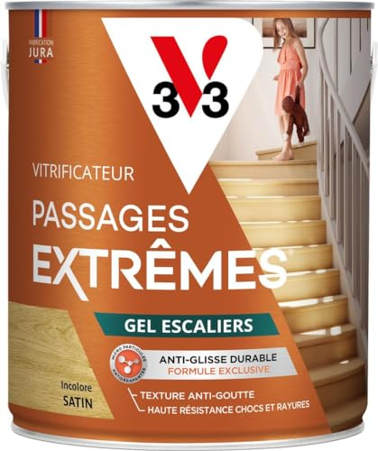 V33 Vitrificateur parquets passages extrêmes Gel escaliers, Incolore Satin, 2,5L | Texture anti-goutte, Haute résistance chocs et rayures