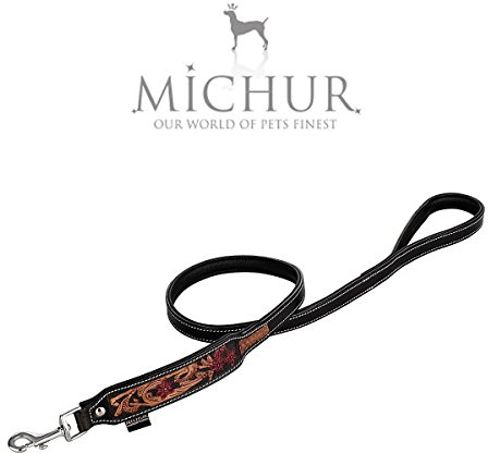 MICHUR® Hundeleine Leder mit Blumenmuster, Schwarz Rot Braun | Lederleine für Hund, Handgefertigt gepolstert, Robust, Schwarz Rot Braun