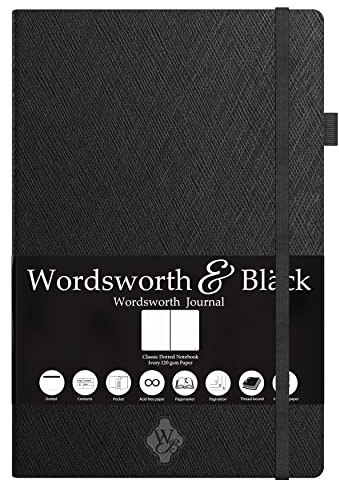 Wordsworth & Black Tunn Klassisk Premium Anteckningsbok Med Rutnät Och Pennögla | A5 5,8 X 8,3 Prickig Anteckningsbok Med Hårt Omslag | Lättviktiga, Numrerade Sidor | Prickig Anteckningsbok | Svart