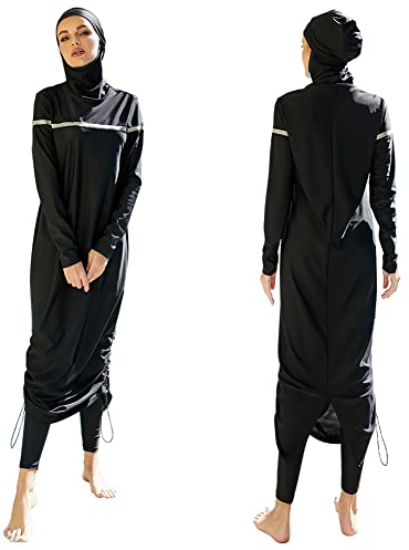 FYMNSI Damen Ganzkörper Badeanzüge Muslimische Bademode Badeanzug Full Cover Bescheidene Badebekleidung Modest Muslim Swimwear Beachwear Burkini Langarm Tops Hose Hijab Kopftuch 3er Set 7# Schwarz L