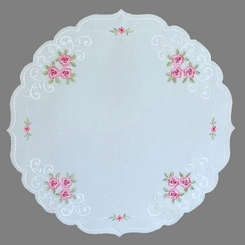 Tischdecke Mitteldecke Tischläufer Deckchen rund oval Elegante Rosenromantik mit Glanzstickerei weiß rosa (rund 60 cm)