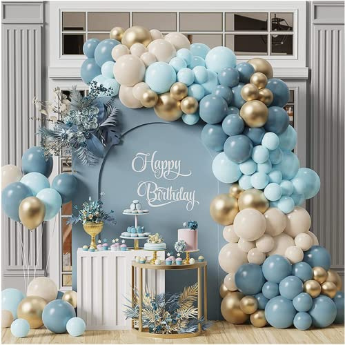Blau Luftballons Girlande, 122 Stück Blau Gold Ballon Girlande mit Beige Weißer Sand Luftballons, Blaue Luftballons Deko für Geburtstags, Baby Shower, Birthday Party Dekor, Geschlecht Offenbaren