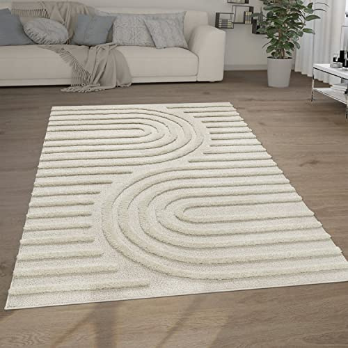Paco Home Hochflor Teppich Wohnzimmer Shaggy 3D Optik Ethno Boho Vintage Look Weich, Grösse:80x150 cm, Farbe:Creme 7