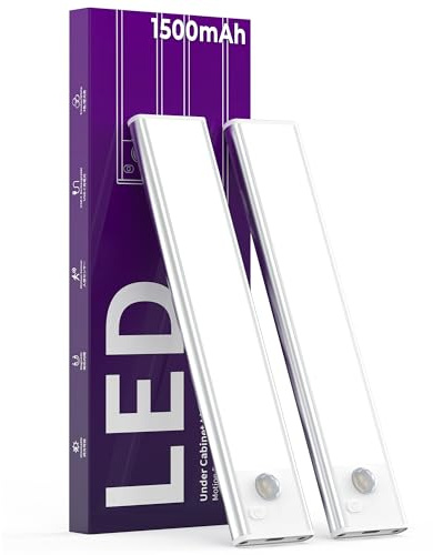 Under Cabinet Lights Motion Sensor Light Indoor 1500mAh Rechargeable LED Closet Lights Battery Operated Under Counter Lights for Kitchen (White, 2Pack)