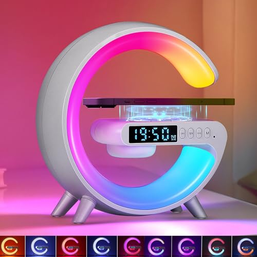 PZJFH Lampe de table avec fonction de charge avec fonction de charge, lampe de chevet à intensité variable avec lumière ambiante, lampe de table sans fil avec haut-parleur Bluetooth, réveil, horloge
