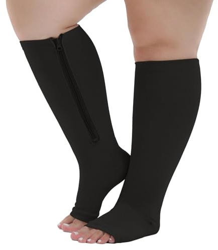 PUTUO Calze a Compressione Graduata da Uomo: Calzini Compressione Gambaletti con Cerniera Donna Calze Contenitivi Taglie Forti Punta Aperta per Corsa Viaggi Gravidanza Viaggi in Aereo 1 Paia nero 5XL