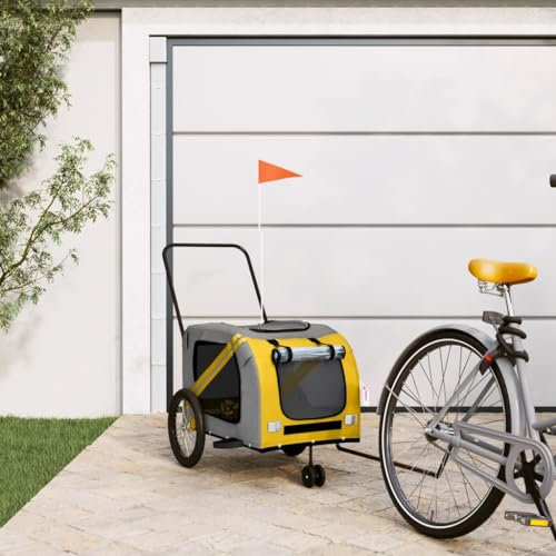 Homgoday Hundewagen, Fahrradanhänger für Haustiere, Gelb und Grau, Oxford und Eisen, Hundetransportwagen, Fahrradwagen, Hundewagen, Transportwagen für Hunde, Fahrradtransporter zz