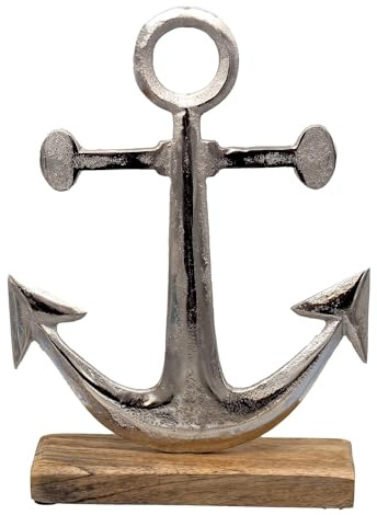 ZauberDeko Deko Anker Silber Aluminium Holzfuß Maritim Sommer Terrasse 27x20cm