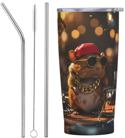 VOSERY Botella de agua de 590 ml con tapa y popote, cobaya hip-hop, vaso aislado de acero inoxidable, taza de café de viaje, vaso personalizado
