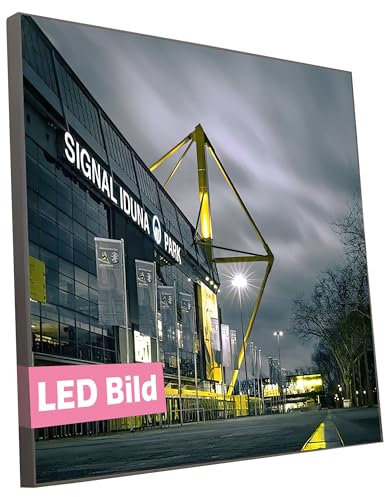 sedax Leuchtendes Wandbild - Stadion Dortmund - Modernes Leuchtbild mit Leuchtrahmen - LED Bild -Signal Iduna Park Fußball - Wanddeko LED Leinwand (Rahmen: Weiß Matt, 75x50 cm, LED Leuchtrahmen)