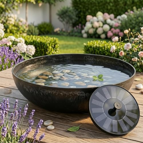 matches21 HOME & HOBBY Outdoor Solarbrunnen Set mit Akku - 45 cm Schale bauchig schwarz mit schwimmender Solarfontäne