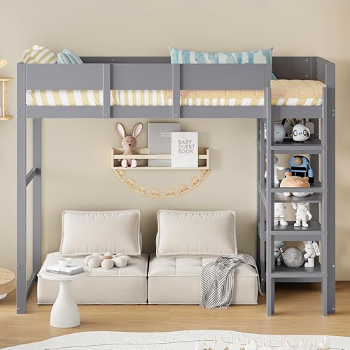 Kebnor Hochbett mit Ablage 90 x 200 cm, Bettgestell aus massivem Kiefernholz mit Lattenrost,Bett für Kinder und Jugendliche Grau