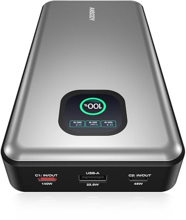 ANSODY 140W Powerbank, 25.000mAh Laptop Power Bank mit intelligenter Digitalanzeige, PD3.1 Schnellladeakku für MacBook Dell XPS iPad Tablet Steam Deck iPhone 17–12 Serie Switch(Silber)