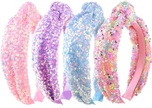 Tihebax Knotted Headbands for Girls Women, 4Pcs Glitter Sequins Rainbow Headbands Girls Sparkly Top Knot Headband Pink Blue Purple Hairbands Hair Accessories for Back to School or Daily Outfits