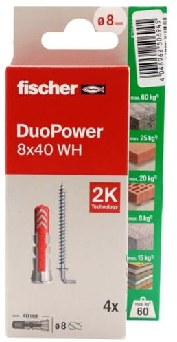 fischer - Duopower 8 x 40 avec douchette - 4U, chevilles murales multi-matériaux, pour accrocher des vélos, des cadres, des armoires, des supports de télévision, des étagères, des meubles.