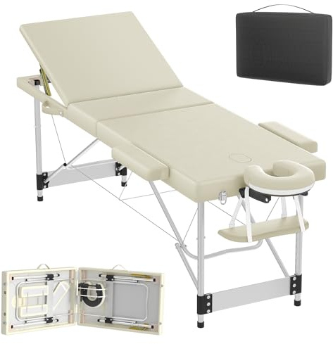 HENGMEI Massageliege Mobile Massagetisch 3 Zonen Klappbar Höhenverstellbar Massagebett Kosmetikliege Breit Therapieliege inkl. Zubehör, Alu-Kopfstütze, Armlehne und Tragetasche, 212x80cm (Beige)