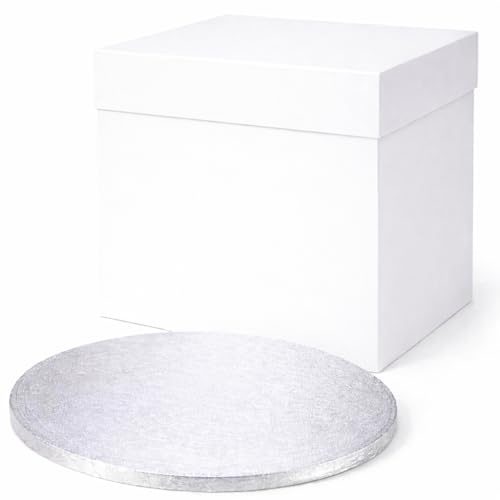 FALGUN Premium 12 Thick Round Silver Cake-Board & Tall White Cake-Box Combo, Premium 12 x 12 x 12 Inch Square Box and Matching Circle Set For Tiered or Transport - 12 Inch Tall