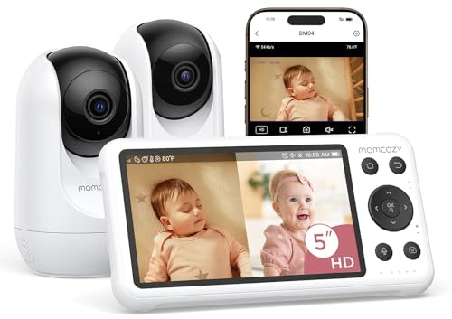 Momcozy BM04 Dual-Mode Baby Monitor, 5 1080P Screen & 2 Camera Units | App-Control, Safety Zone Alert, Cry Detection, Clear Night Vision, Photo & Video Recording
