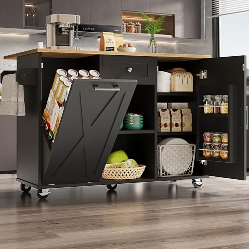 Wyibwy Carro de cocina con cubos de basura, isla de cocina sobre ruedas con encimera plegable, carrito de comedor con estantes para aperitivos, mesa de comedor con cajones y divisores, negro