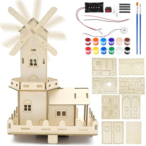DIY Kits Holz Windmühle, 3D Puzzle Holz Modellbausatz, Windmühle Wooden Puzzles Bausatz Holzs, DIY Kunsthandwerk, Windmühles zum Bemalen Physik Spielzeug,Elektronik Bausatz Experimente,Lernspielzeug