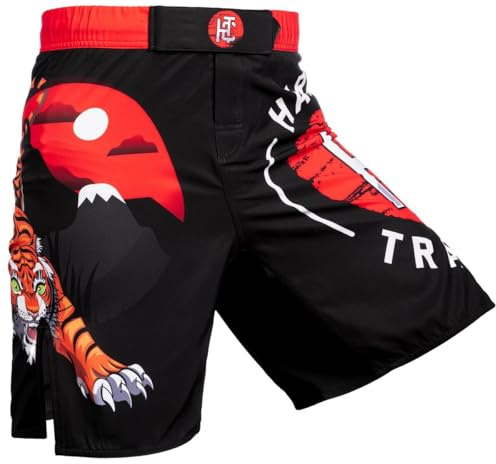 Hardcore Training Japan Tiger Fight Shorts Uomo Pantaloncini da Combattimento Arti Marziali MMA BJJ Boxe Muay Thai Grappling Fitness No Gi (IT, Testo, S, Regular, Regular, Red Black Orange)