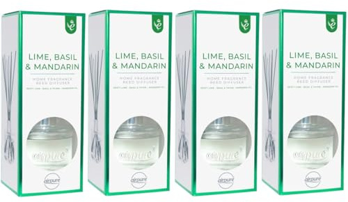 Airpure Luxury Reed Diffusers 100ml (4 Pack) with Thick Black Reeds (4 x Lime, Basil & Mandarin)