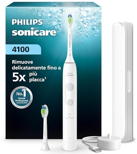 Philips Sonicare 4100 Series – elektrisk tandborste med Pressure Sensor, 4 borstinställningar, EasyStart, SmarTimer och QuadPacer, 21 dagars batteritid, resefodral, vit, modell HX4044/41, [Ny]
