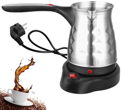Calenxy Elektrische Türkische Kaffeemaschine Mit Griff, 500ml Espressokocher Türkische Teekanne Elektrische Kaffeekanne, Edelstahl Wasserkocher für Haushalt Café Büro Reisen, Einfach Silver