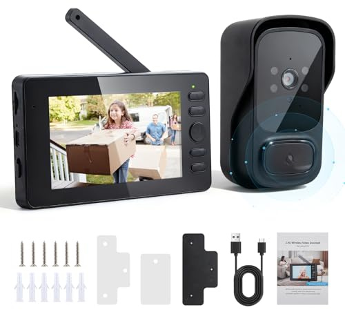 Sonnette sans Fil avec Caméra, Etanche Sonnette Vidéo sans Fil, 1080P HD IPS 4.3, Audio Bidirectionnel, Infrarouge Vision Nocturne, Résistant aux intempéries, Angle de Vision 120°, 2.4G WLAN