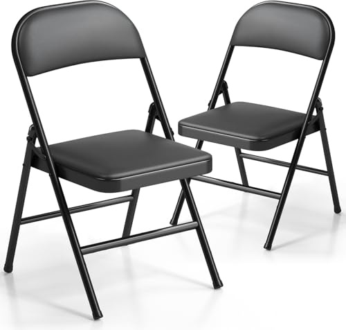 RUIE Klappstuhl 2er Set, Gepolstert Klappstühle mit Lederpolsterung, Klappbar & Platzsparend Campingstuhl, Metall Stühle für Innen und Außen, Heimgebrauch, Büro, Party, Bequem, Küchen Schwarz