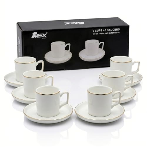 IMEX Germany 12-teiliges Kaffeetassen-Set mit Goldrand | 120ml Luxus Mokka- & Espressotassen für 6 Personen | Edles Porzellan Geschirr-Set in Weiß & Gold | Festliches Design