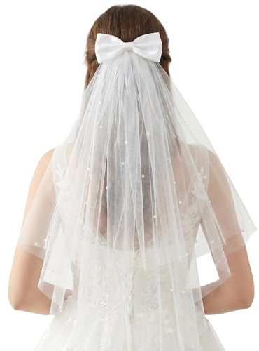 HJZHII Bridal Hair Bow Veil, Elegant Tulle Bride Veil for Wedding | White Bridal Short Veils with Clip Pearl Wedding Hair Piece Bachelorette Party Accessories Tulle Wedding Veils for Women