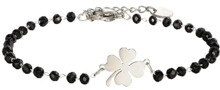 Bracciale con ciondolo a quadrifoglio portafortuna, in acciaio inox, con perline nere, semplice braccialetto portafortuna