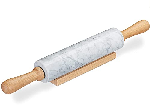 Unibos Marble Rolling Pin for Baking with Wooden Stand 45 X 6 X 6 Centimetres Easy Clean Hard-Wearing Speckle Finish Non-Stick White